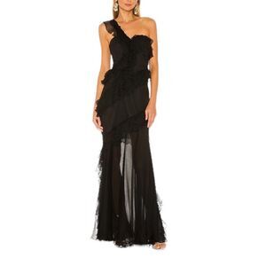 AMUR  Harlow Silk One-Shoulder Ruffle & Sheer Maxi Dress Gown Black 2